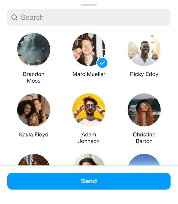 The sending dashboard: choose people and tap Send