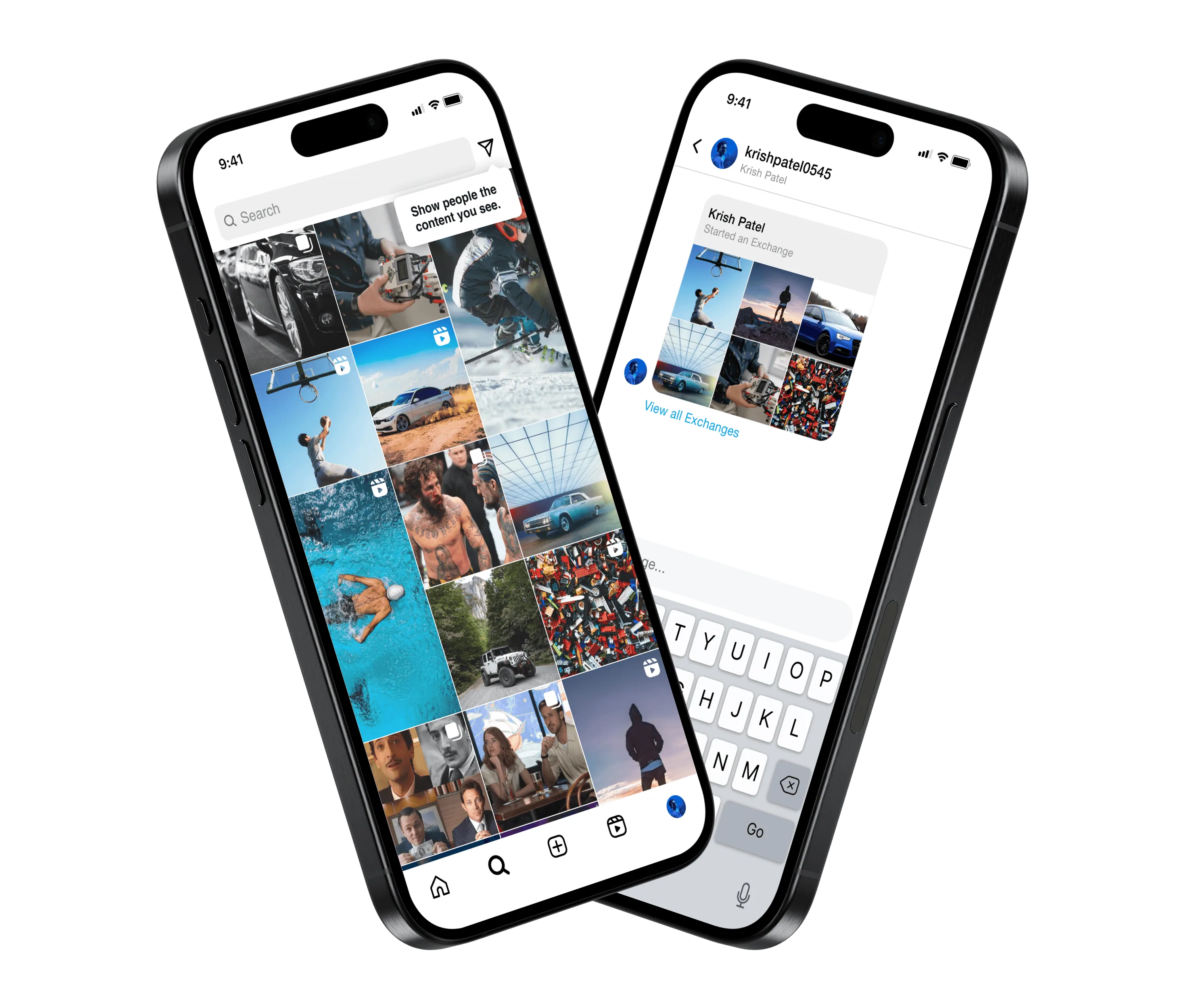 Two phones tilted toward each other showing the explore tooltip and an Exchange in DMs