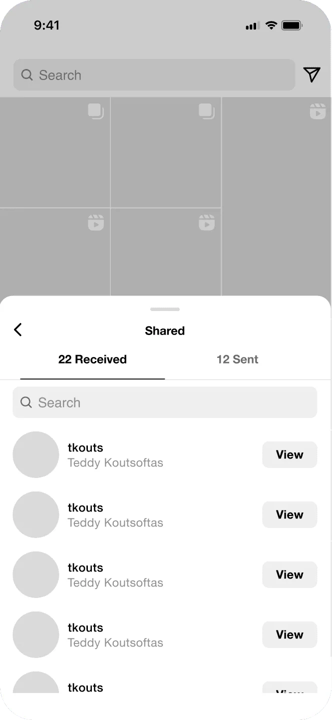 Low-fidelity receiving wireframe: received and sent list