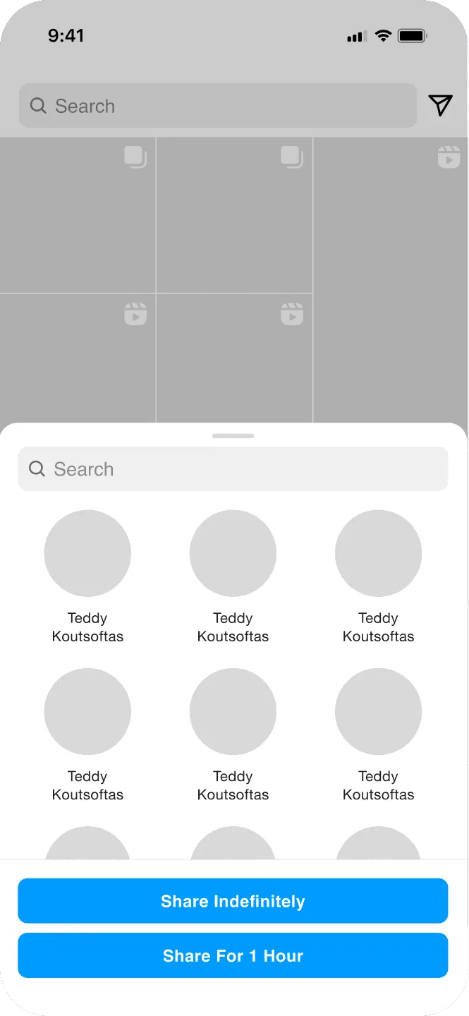 Low-fidelity sending wireframe: choose people and share