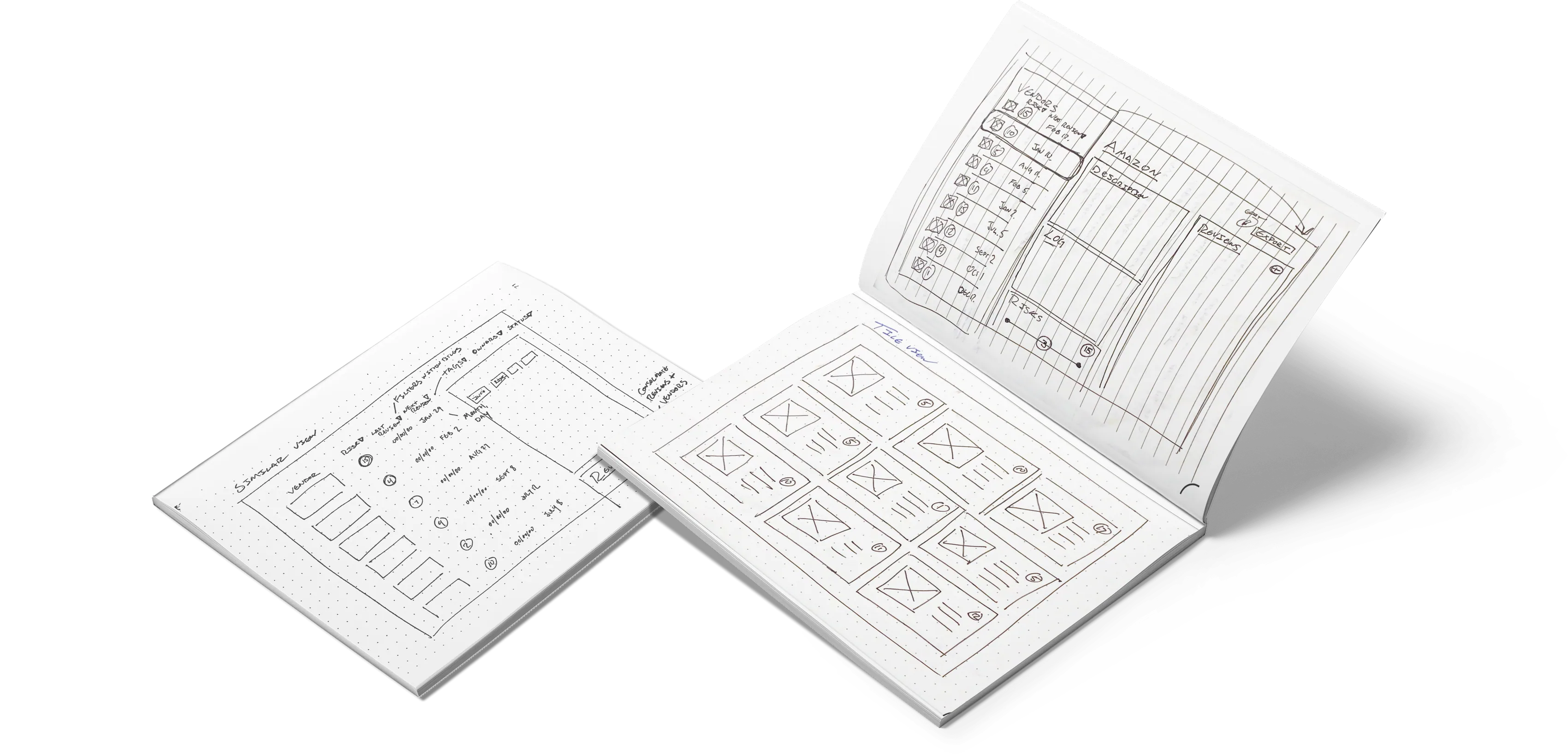 Paper sketches of the vendor dashboard in a notebook