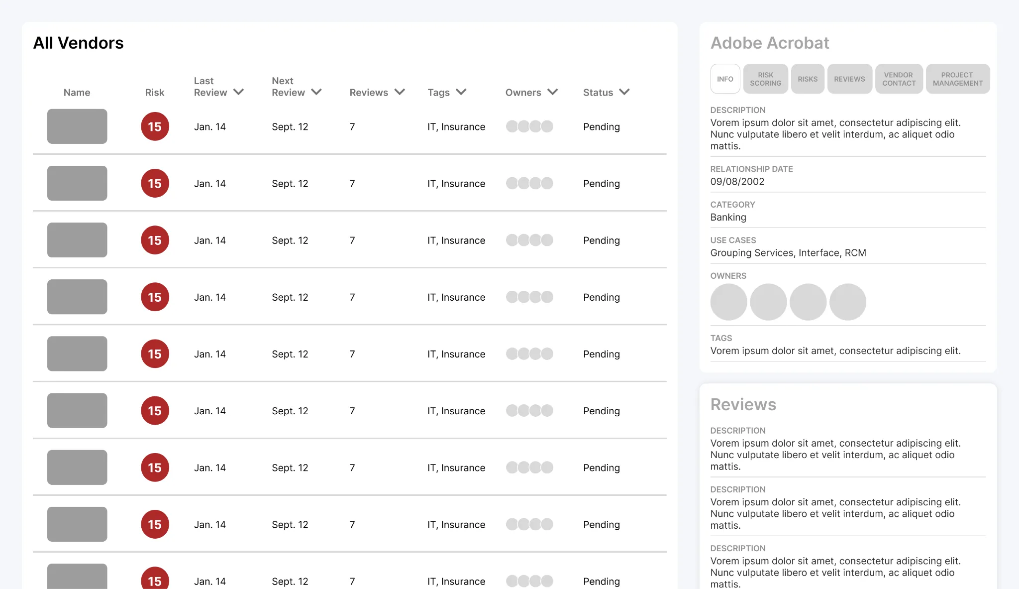 Low-fidelity wireframe: vendor list with a detail panel