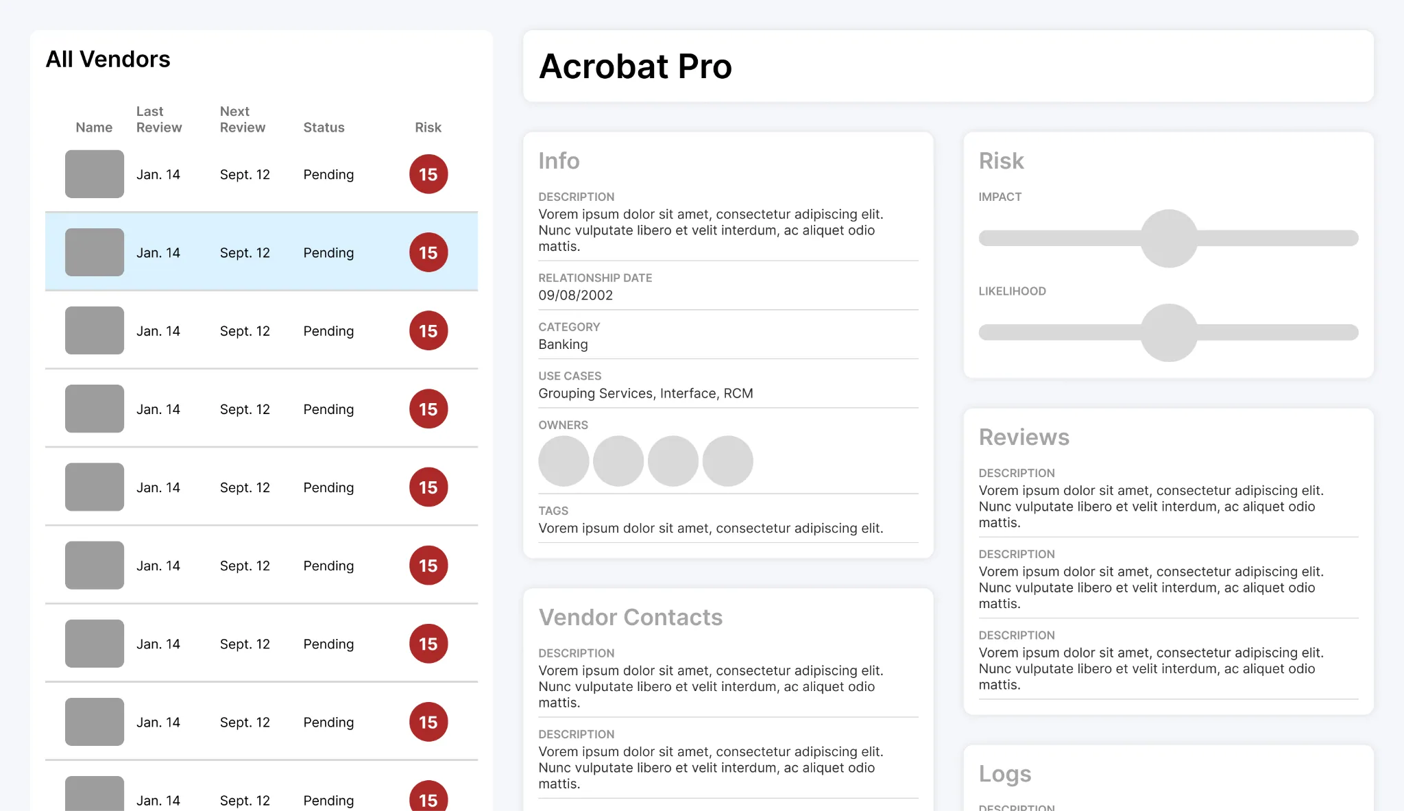 Low-fidelity wireframe: vendor list beside a large detail view