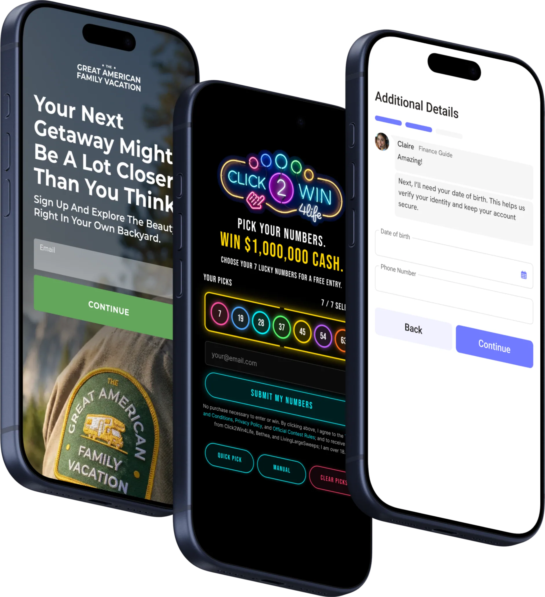 Landing pages and a registration flow on three phones